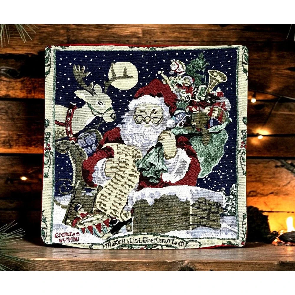 Vintage Tapestry Christmas Pillow Cover Santa Claus 